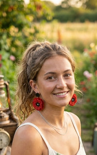 Close-up of woman wearing red poppy drop earrings with black stud tops, garden background