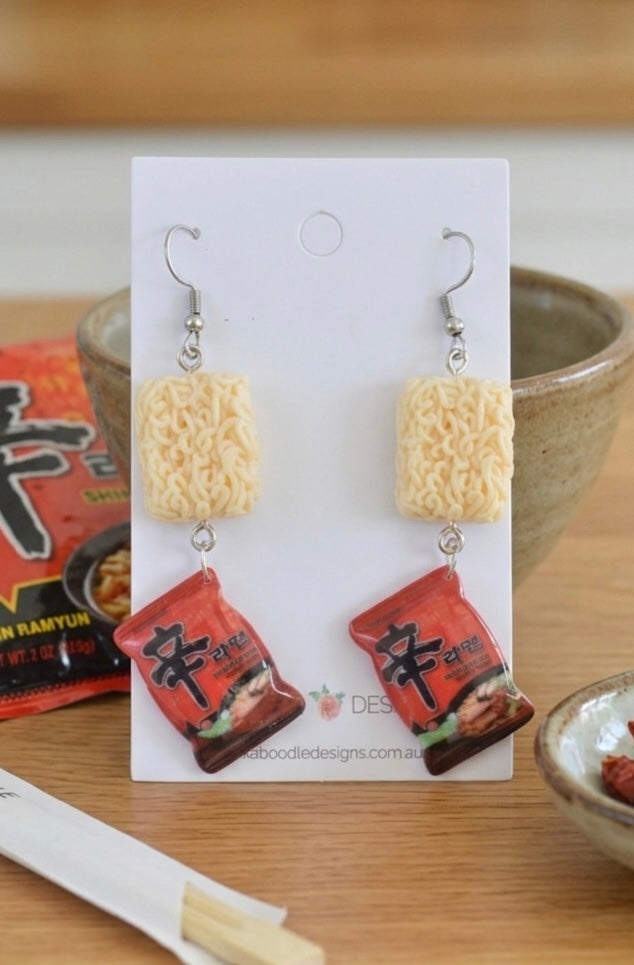 Korean Spicy Instant Noodles Shin Ramyun Ramen Novelty Fun Drop Dangle Earrings