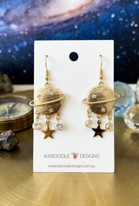 Saturn Universe Galaxy Planet Stars Drop Earrings