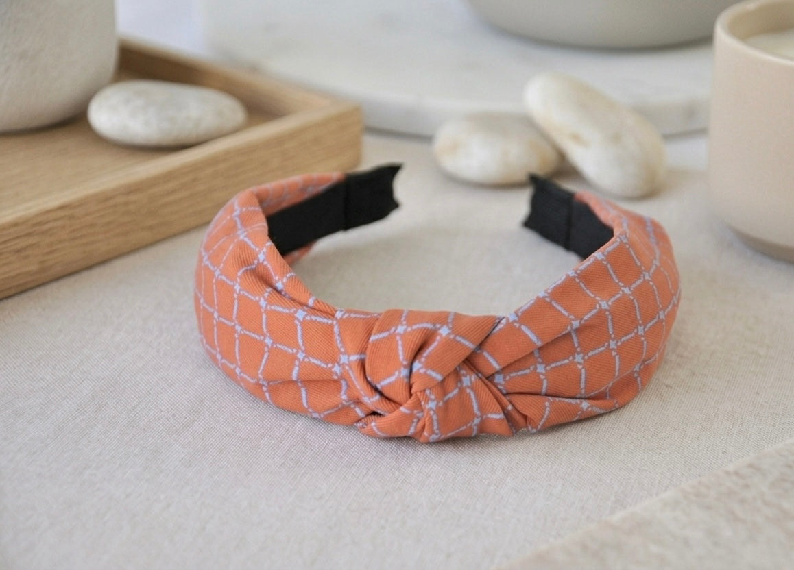 Fabric Knotted Headband - Burnt Orange Checkered Stripes