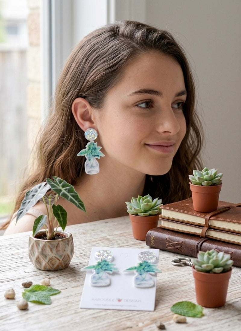 Acrylic Plant in a Glass Jar Drop Dangle Earrings
