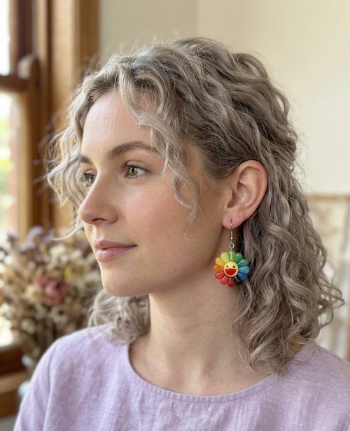 Rainbow flower Happy Face Sunflower Drop Dangle Earrings