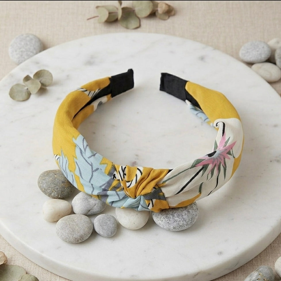 Fabric Knotted Headband - Mustard Yellow with Flowers and Leaves