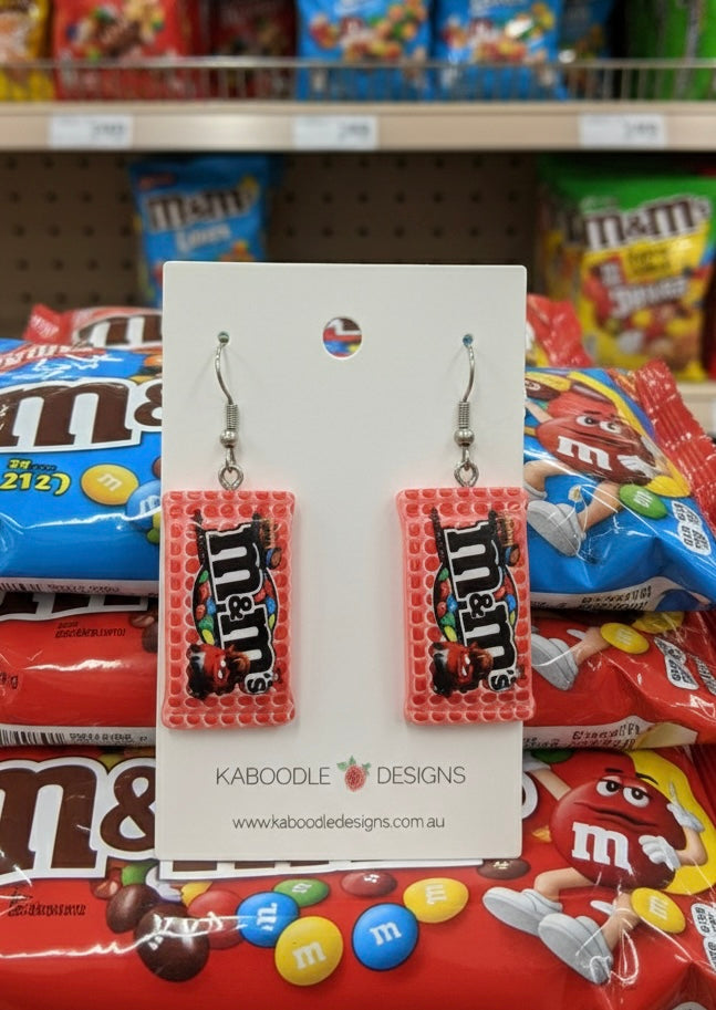 Food Candy Lolly Chocolate M&M Packet Dangle Earrings