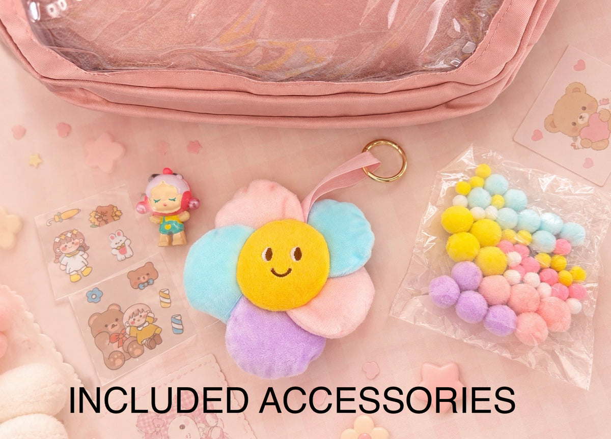 Multi Pocket Kawaii Cute Backpack with Accessories - Pink