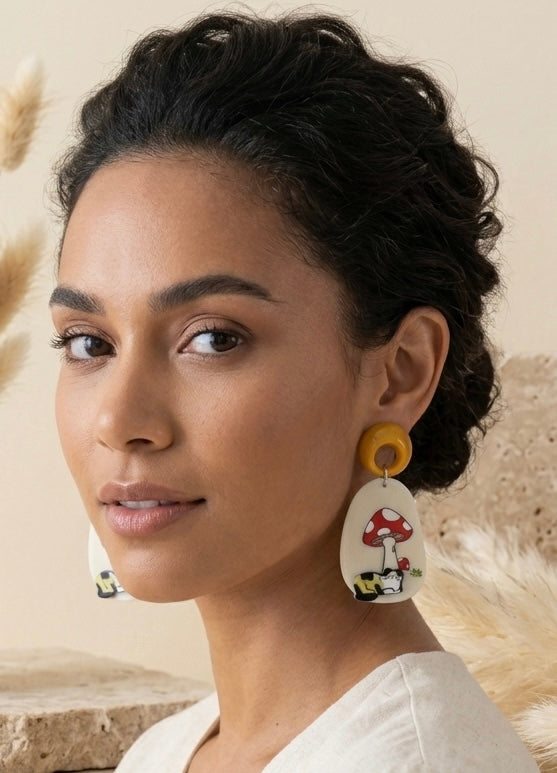 Cat Mushroom Earrings - Acrylic Dangle Drops