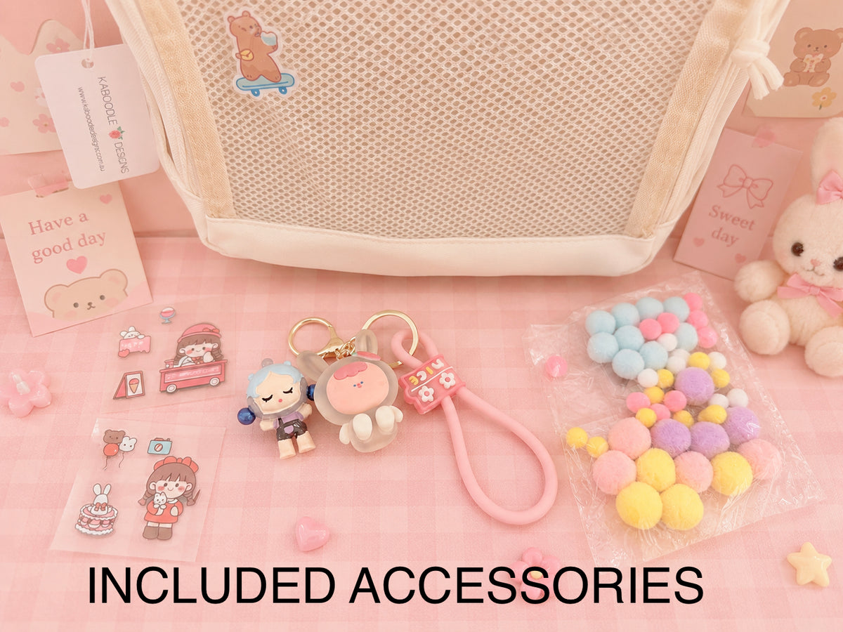 Multi Pocket Kawaii Cute Backpack with Accessories - Beige