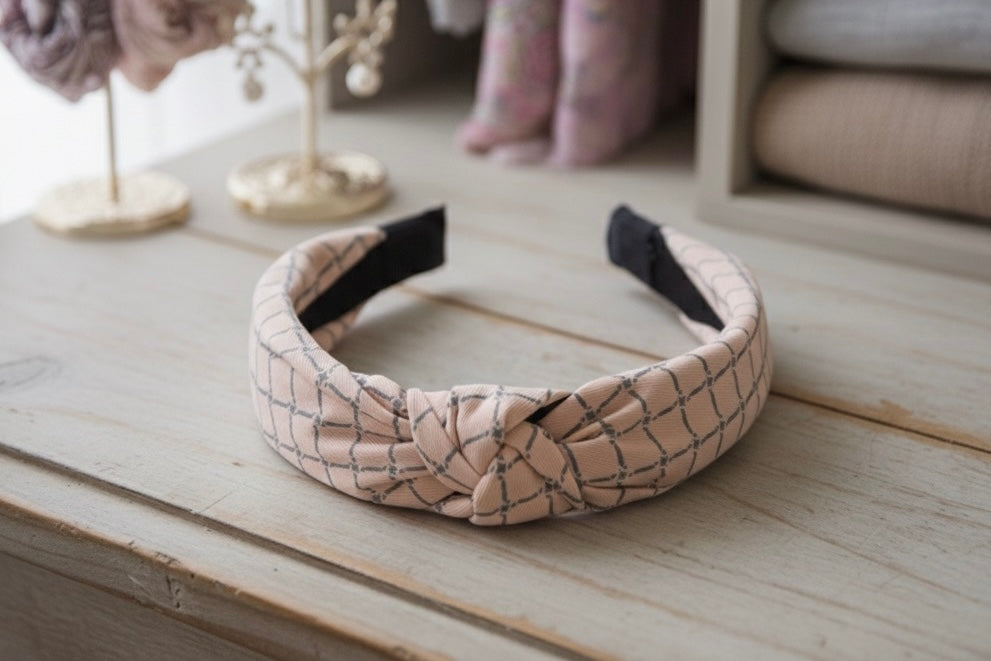 Fabric Knotted Headband - Pastel Pink Checkered Stripes