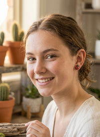 Close-up of ladybird stud earring worn on a model's ear