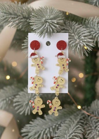 Acrylic Christmas Gingerbread Man and Woman with Santa Hat Cookie Candy Cane Drop Dangle Earrings