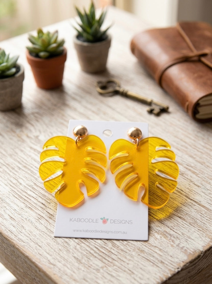 Acrylic Perspex Resin Monstera Leaf Dangle Earrings - Transparent Yellow