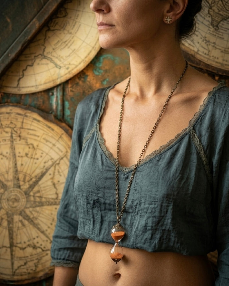 Steampunk Timer Hourglass Necklace in Orange