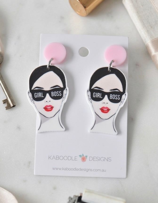 Acrylic Perspex Boss Girl Lady Face Statement Dangle Earrings