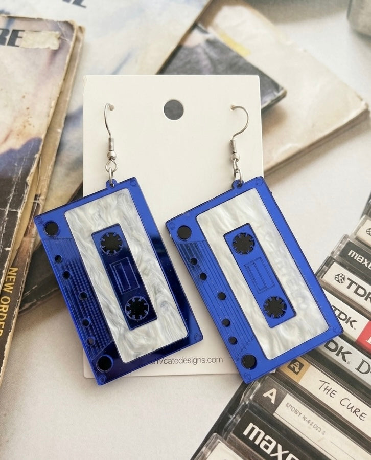 Retro Music Cassette Tape Drop Earrings - blue