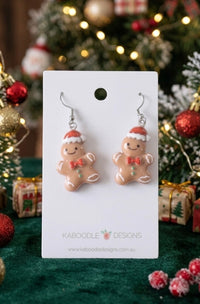 Gingerbread Man Earrings - Miniature Santa Hat Dangle Drops
