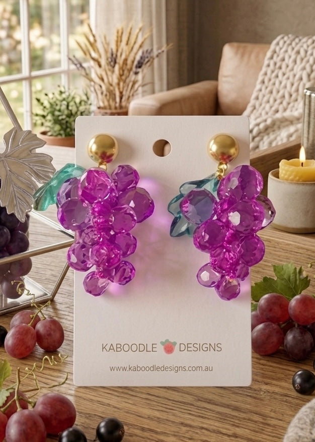 Grapes Novelty Fruit Dangle Drop Earrings - Purple