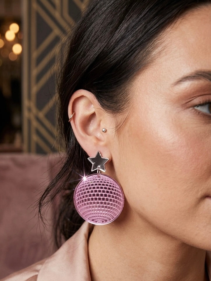 Disco Ball Retro Star Dance Party Drop Earring - Pink