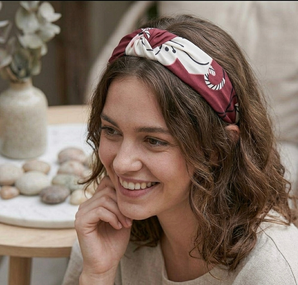 Fabric Knotted Headband - Burgandy White Flowers