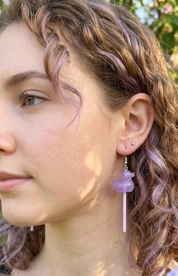 Duck Lollipop Candy Novelty Fun Drop Dangle Earrings - Purple