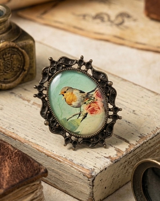 Shabby Chic Vintage Bird In Blooms Adjustable Ring