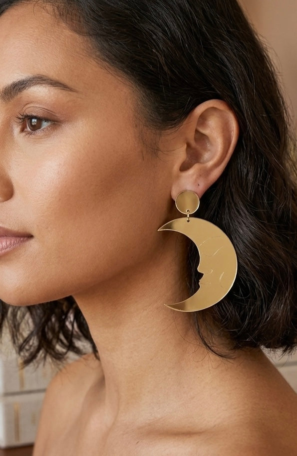 Gold Celestial Crescent Moon Face Statement Earrings