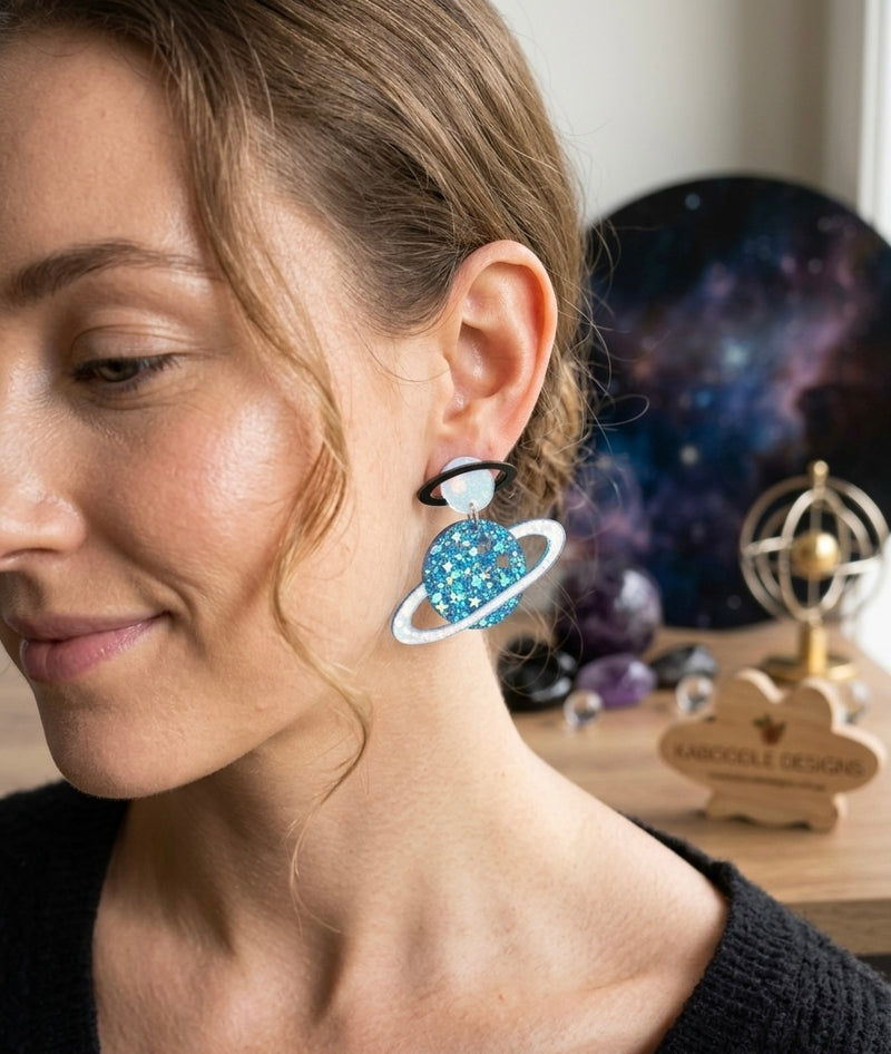 Glitter Saturn Universe Galaxy Planet Teachers Drop Earrings - Blue
