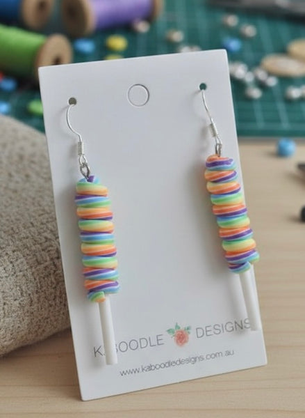 Rainbow Twisty Lollipop Candy Novelty Fun Drop Dangle Earrings