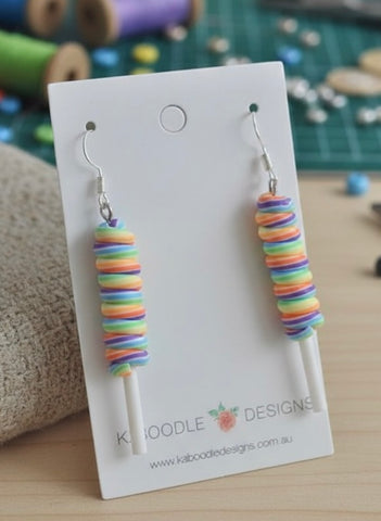 Rainbow Twisty Lollipop Candy Novelty Fun Drop Dangle Earrings