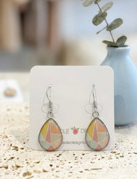 Pastel geometric teardrop earrings on a Kaboodle Designs card, front view of both