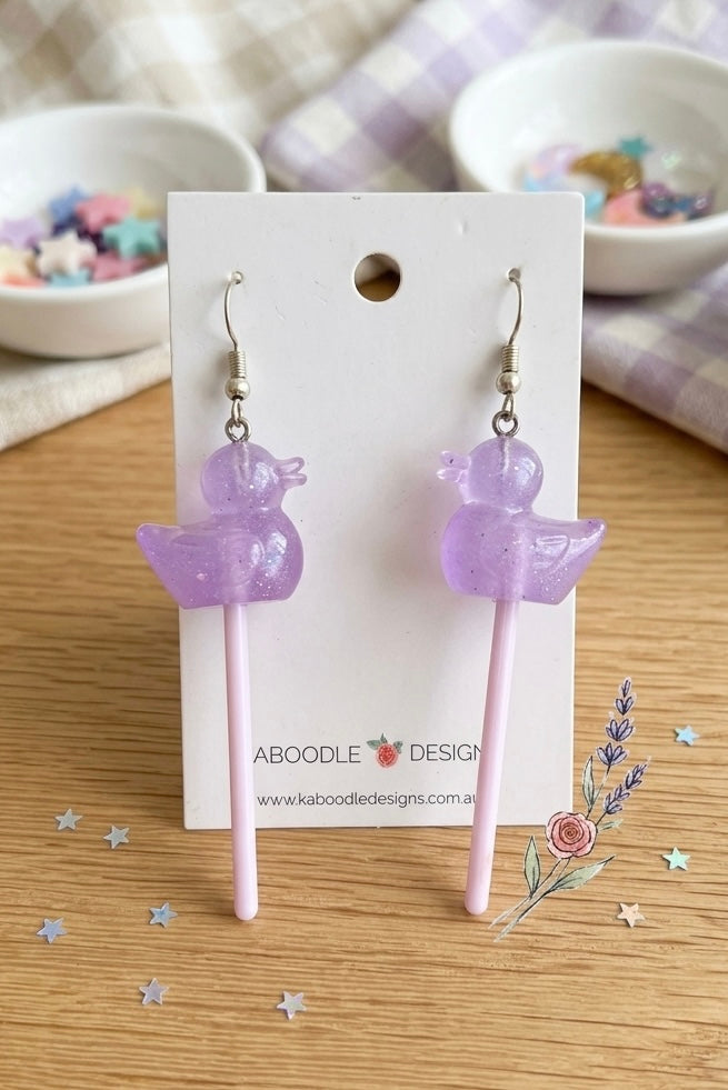 Duck Lollipop Candy Novelty Fun Drop Dangle Earrings - Purple