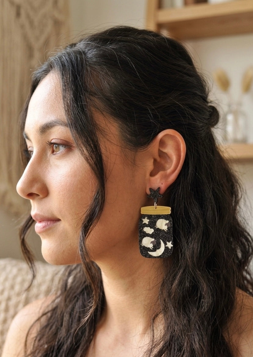 Counting Sheep Night Star Moon In A Jar Dream Drop Dangle Earrings
