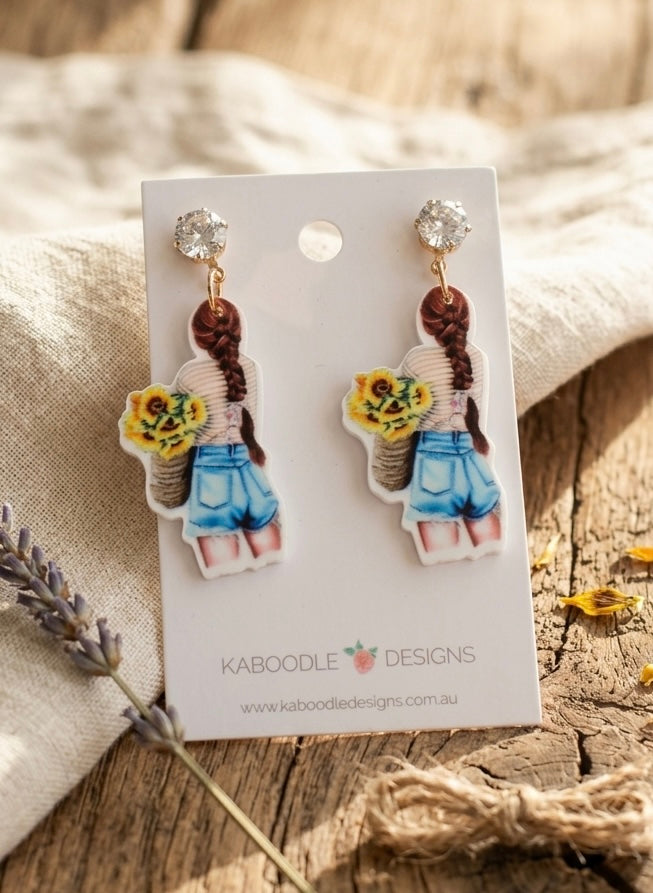 Acrylic Perspex Sunflower Ponytail Summer Girl Rhinestone Statement Dangle Earrings