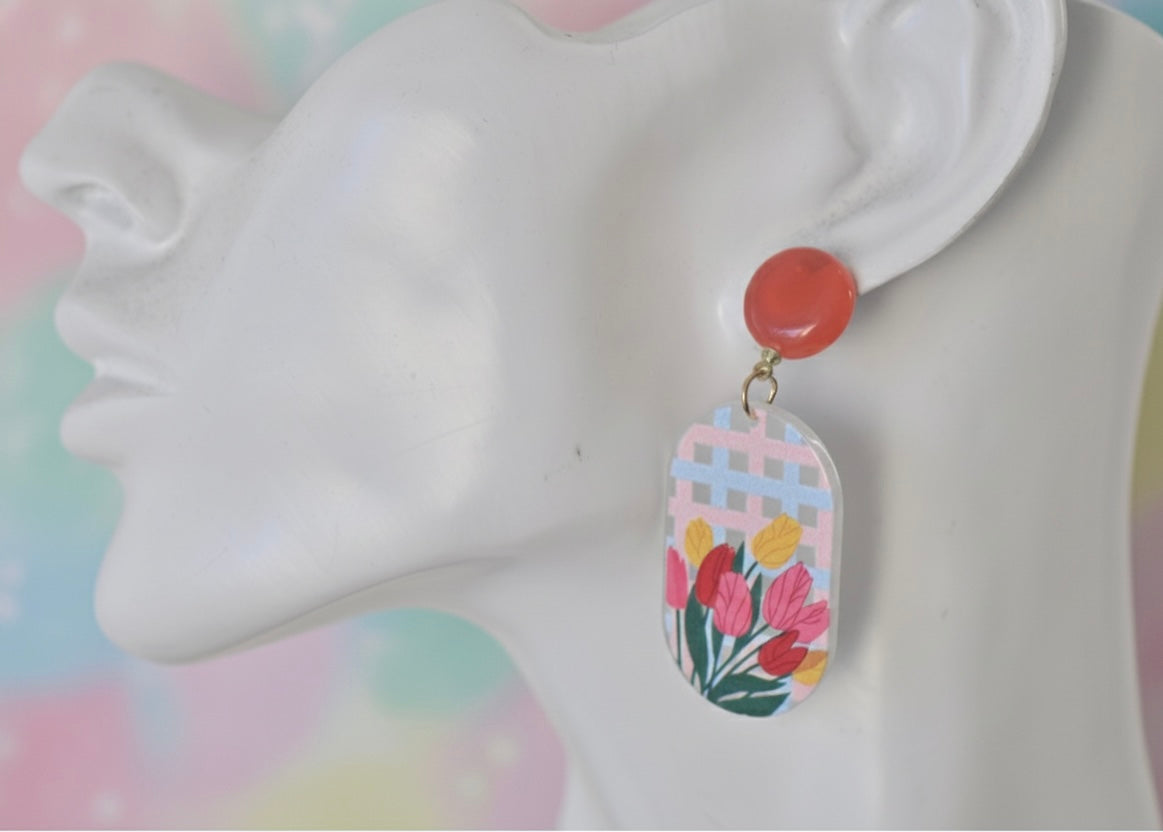 Geometric Coral Boho Tulip Flowers Drop Dangle Earrings