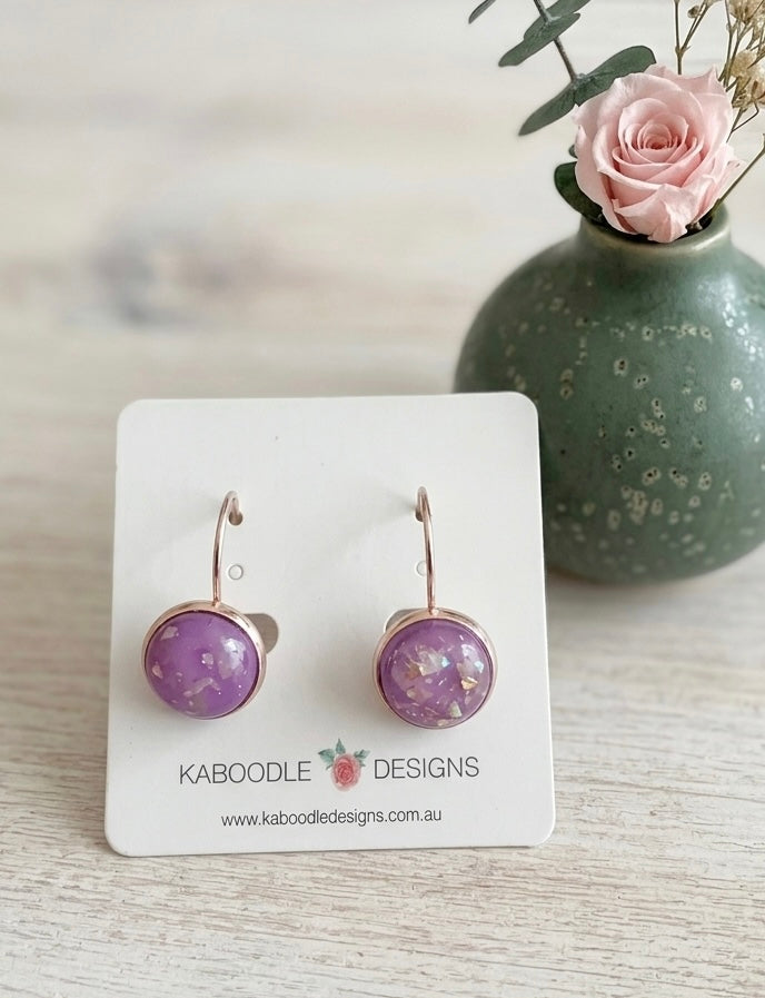 Handmade Round Clip Leverback Dangle Earrings - Purple