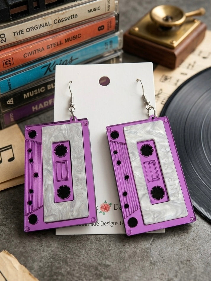 Retro Music Cassette Tape Drop Earrings - Purple