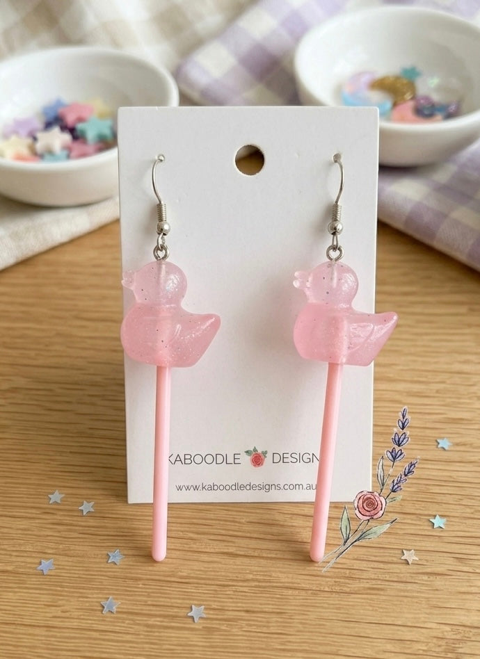 Duck Lollipop Candy Novelty Fun Drop Dangle Earrings - Pink
