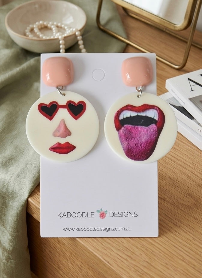 Retro Pop Art Face Tongue Circle Drop Dangle Earrings
