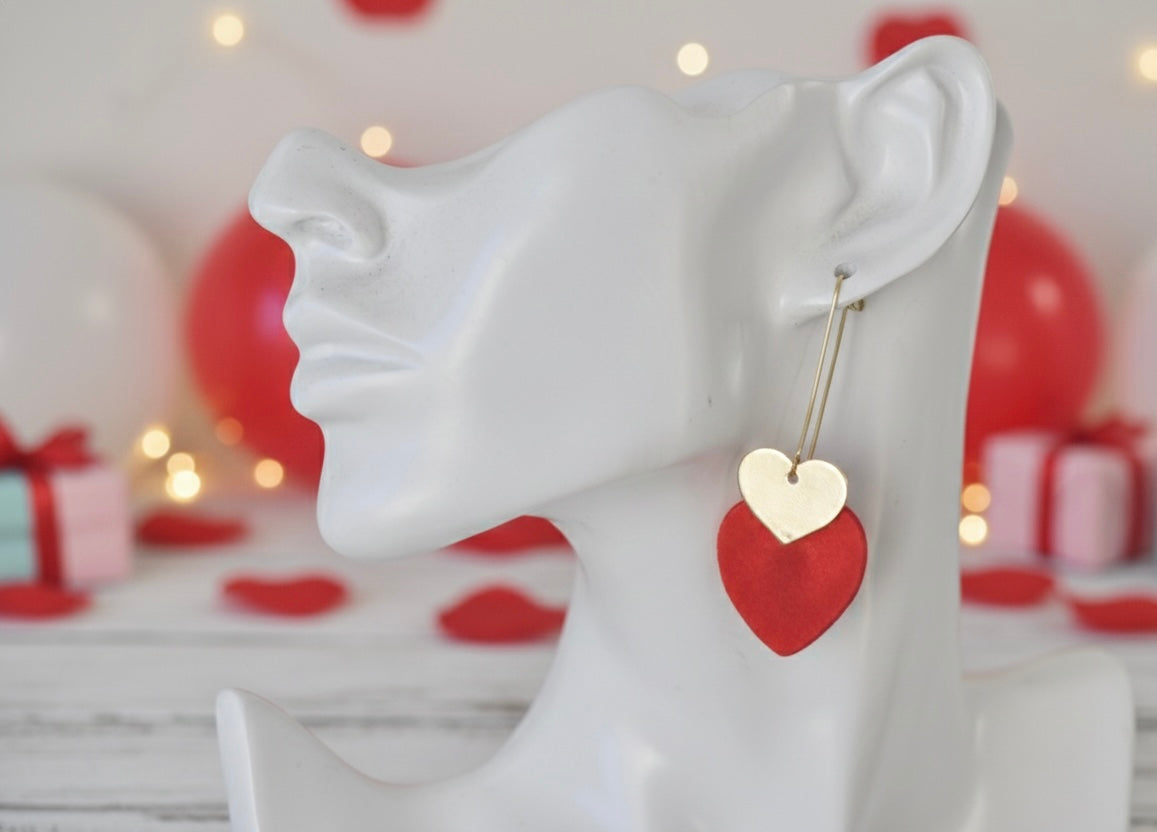 Red and Gold Hearts Dangle Drop Earrings
