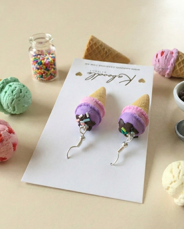 Miniature 3D Yummy Food Ice Cream Dangle Earrings - Strawberry and Grape