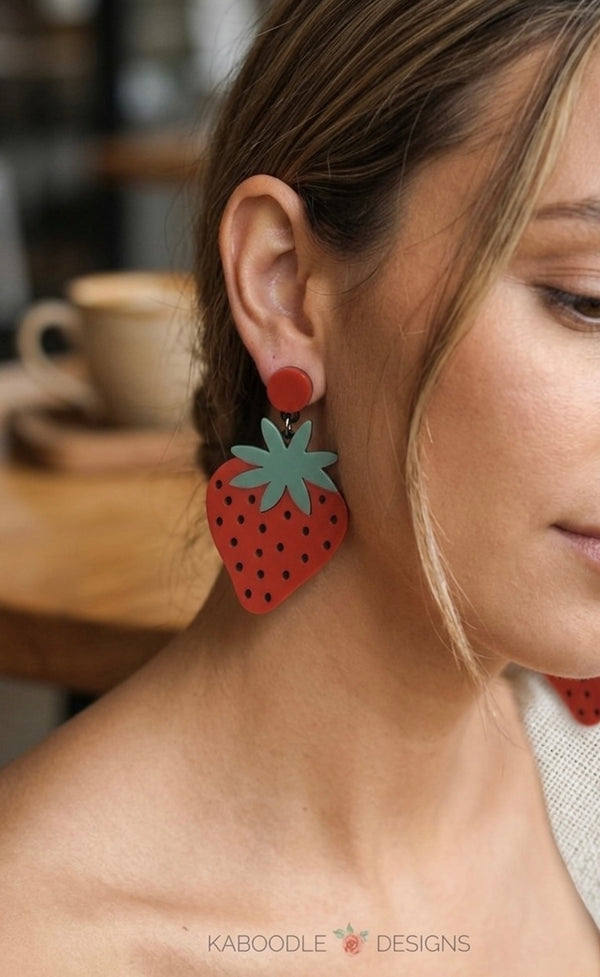 Acrylic Perspex Laser Cut Strawberry Drop Earrings