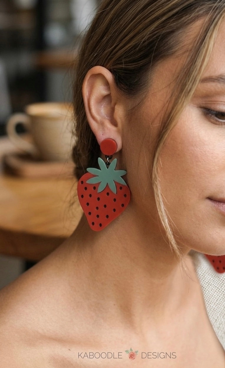 Acrylic Perspex Laser Cut Strawberry Drop Earrings