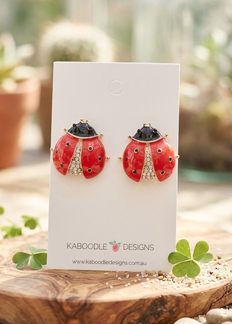 Ladybird Ladybug Beetle Enamel Rhinestone Stud Earrings