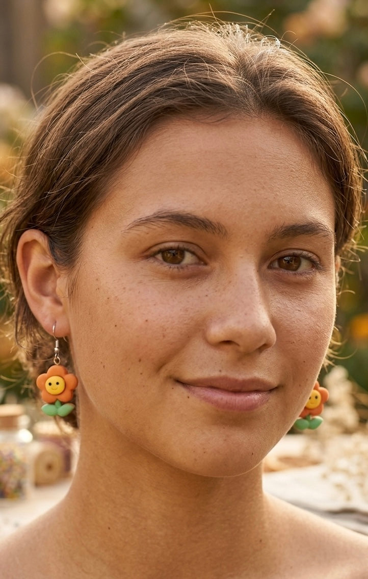 Happy Face Flower Drop Dangle Earrings - Orange