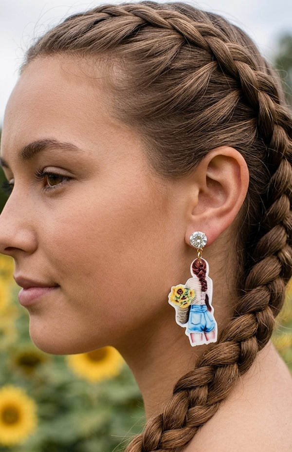 Acrylic Perspex Sunflower Ponytail Summer Girl Rhinestone Statement Dangle Earrings