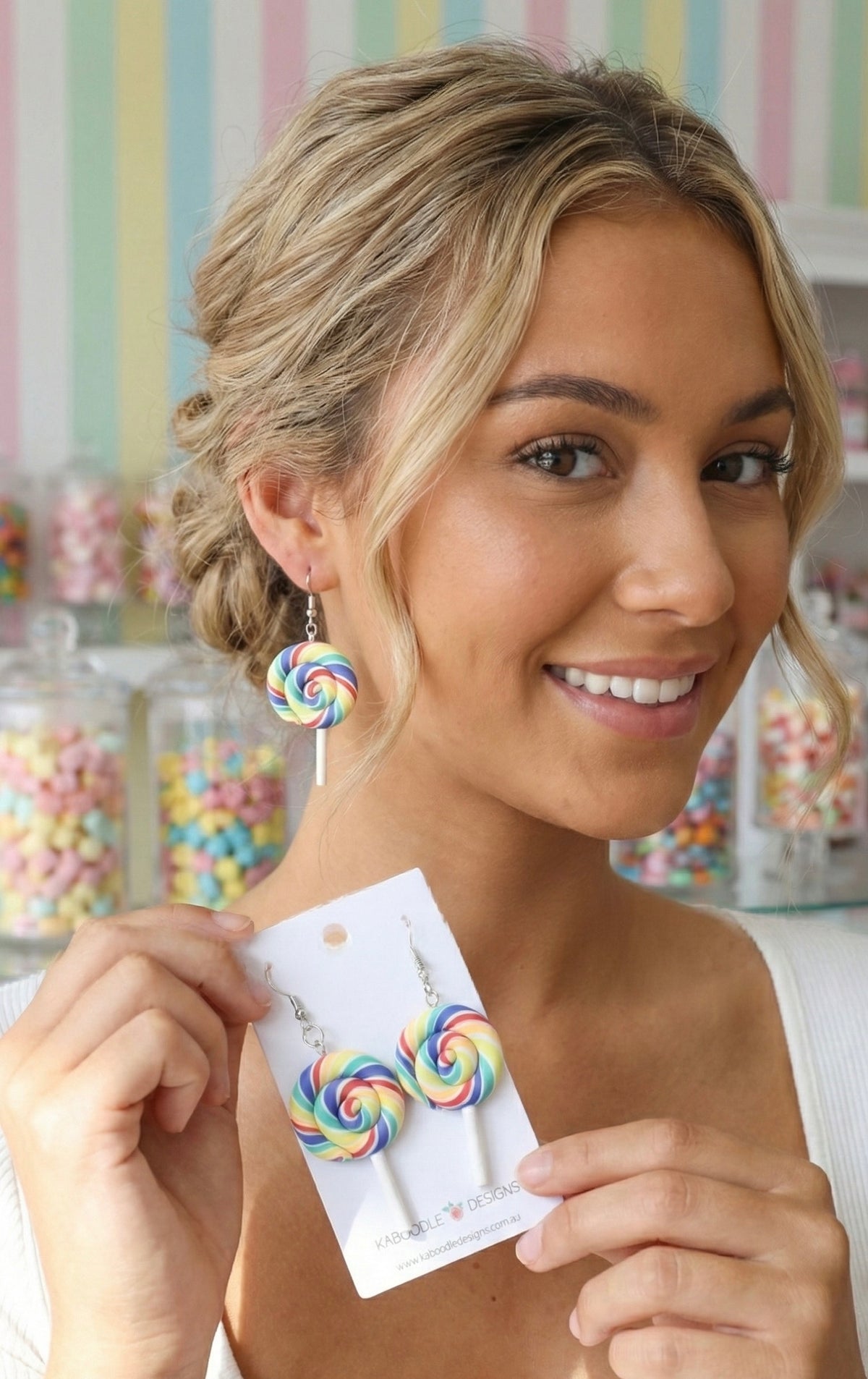 Colourful Clay Swirl Lollipop Candy Novelty Fun Drop Dangle Earrings