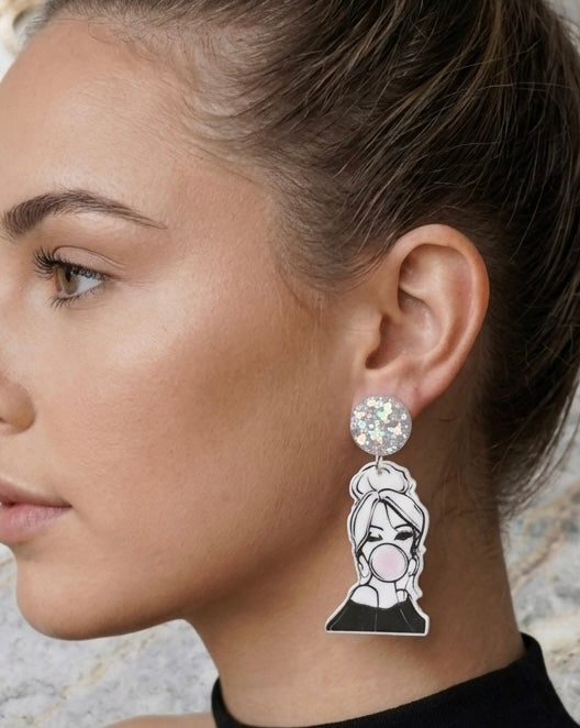 Acrylic Girl With Bubble Gum Chewing Gum Drop Dangle Earrings