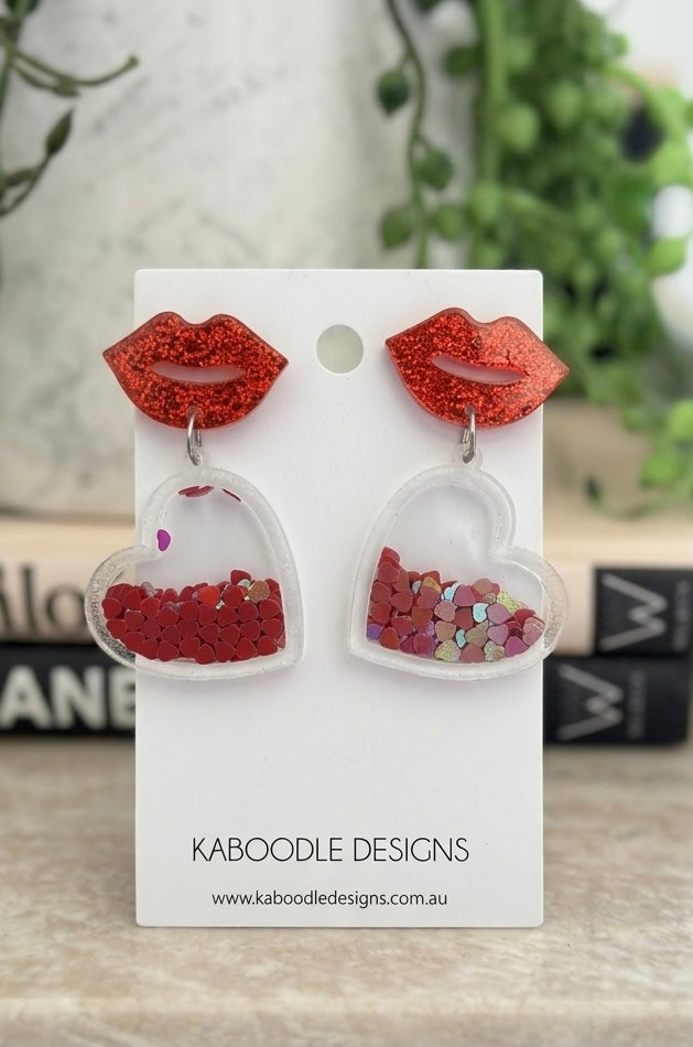 Red Lip Glitter Heart Drop Dangle Earrings