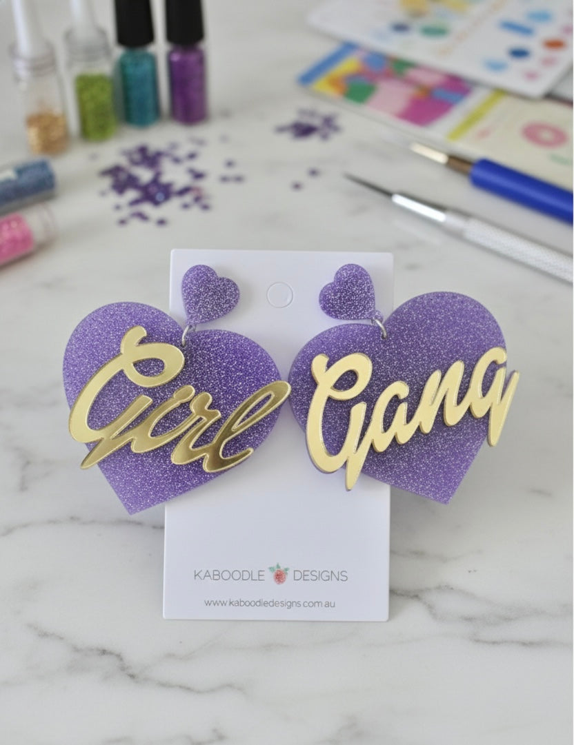 Acrylic Girl Gang Glitter Heart Drop Dangle Earrings