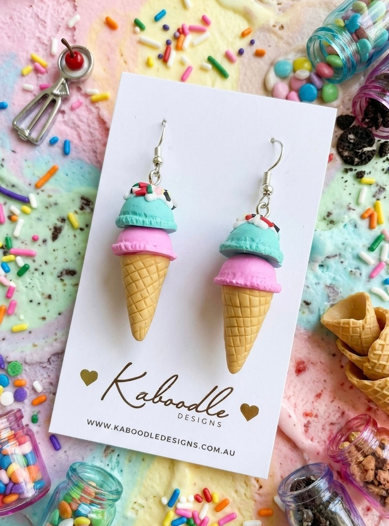 Miniature 3D Yummy Food Ice Cream Dangle Earrings - Strawberry and Mint
