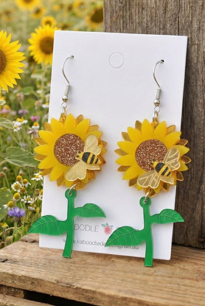 Acrylic Sunflower and Bee Drop Dangle Earrings